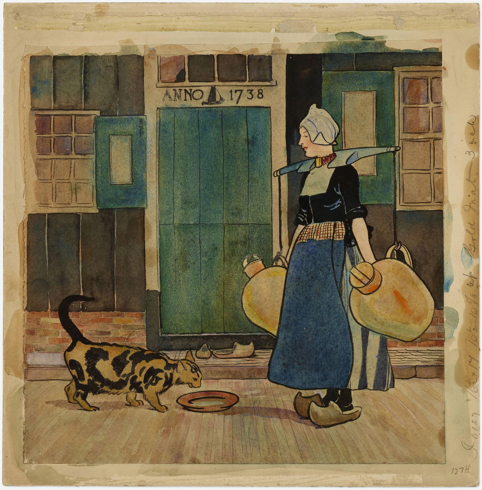 Edward Penfield - Dutch Woman and Cat: Artist: Edward Penfield Title: Dutch Woman and Cat Dimensions: 12 3/4in. by 12 5/8in. Edition: Unique One of a Kind Artwork Medium: Watercolor on Paper Laid to Board <