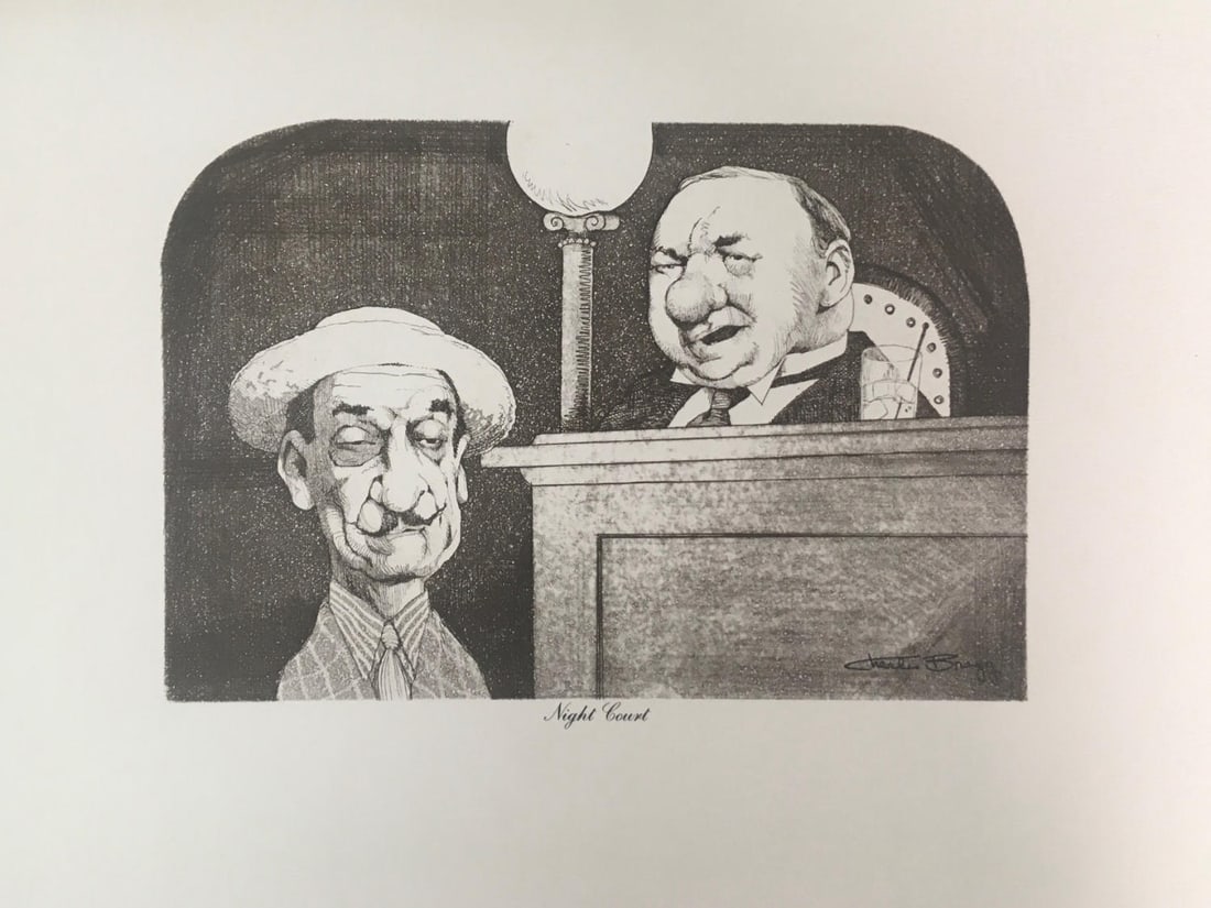 Charles Bragg - Night Court: Artist: Charles Bragg Title: Night Court Year: 1976 Dimensions: 14.5in. by 11.5in. Edition: From the rare limited edition Publisher: Edward Weston Graphics