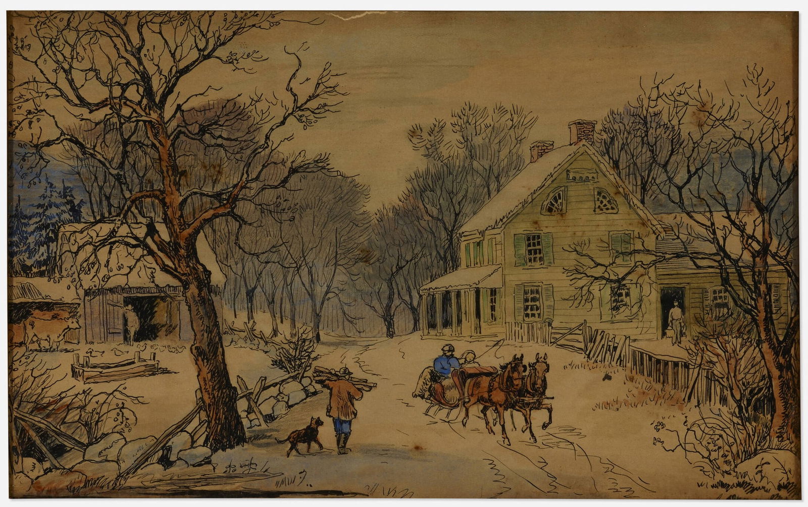 Edward Penfield - Homestead with Horse Drawn Sleigh: Artist: Edward Penfield Title: Homestead with Horse Drawn Sleigh Dimensions: 8in. by 12 1/2in. Edition: Unique One of a Kind Artwork Medium: Watercolor Gouache and Ink on Pape