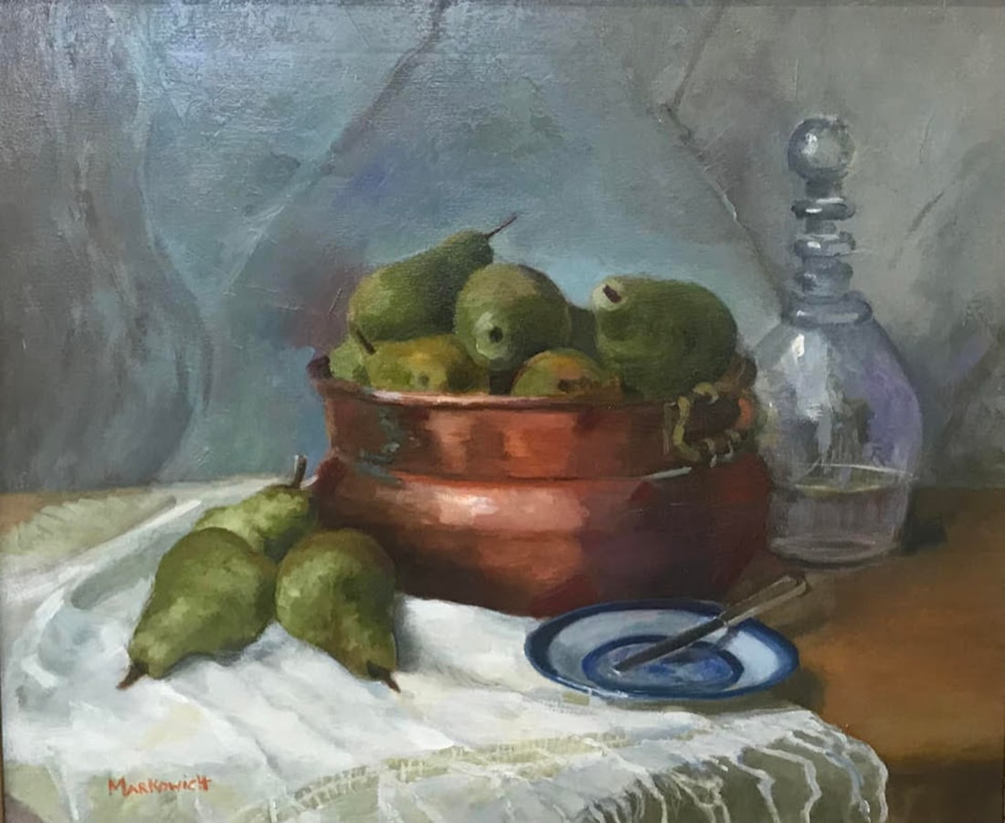 Nancy Markowich - Lots Of Pears: Artist: Nancy Markowich Title: Lots Of Pears Dimensions: 20in. by 24in. Edition: One of a kind Artwork Medium: Oil on Linen Panel Condition: Excellent <
