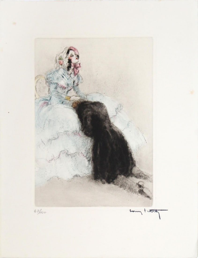 Louis Icart - On His Knees: Artist: Louis IcartTitle: On His KneesYear: 1938Dimensions: 11.25in. by 8.75in.Edition: From the rare limited edition of 250Suite: La Dame aux CameliasMedium: Original etching on paper Condition: