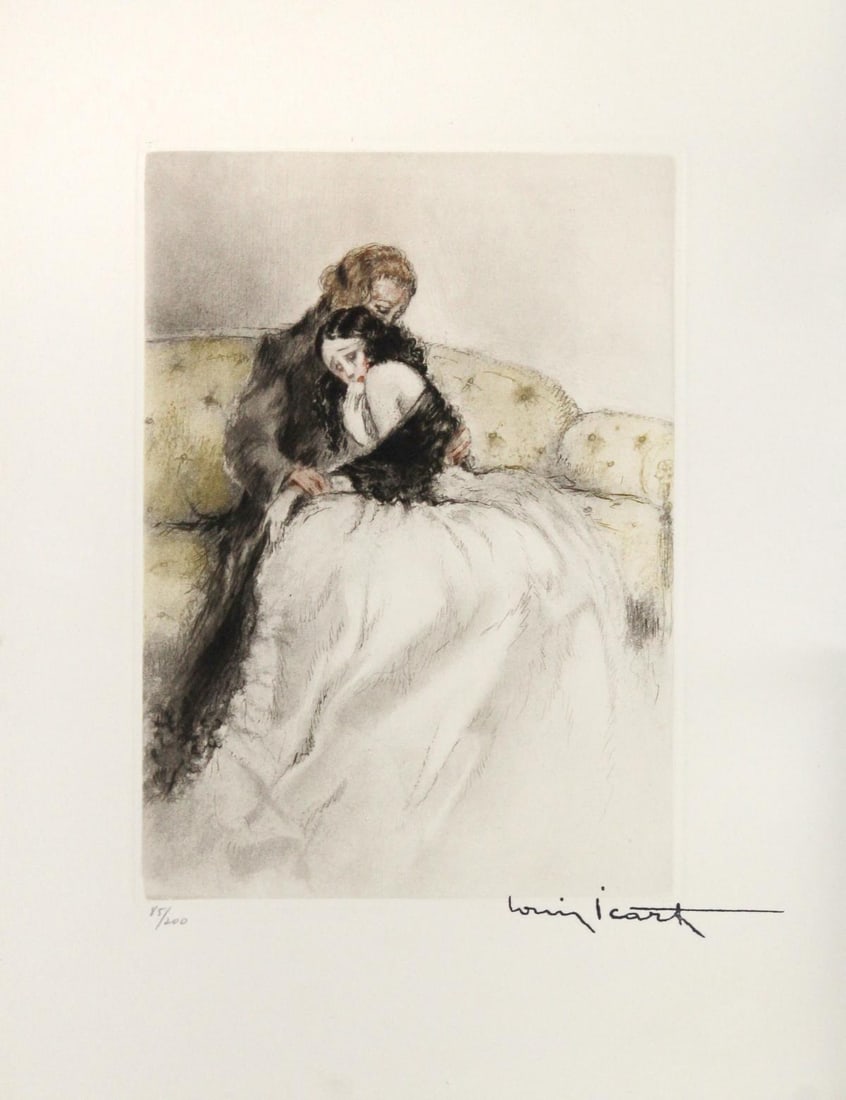 Louis Icart - Consolation: Artist: Louis Icart Title: Consolation Year: 1938 Dimensions: 9.5in. by 7.25in. Edition: From the rare limited edition of 200 Publisher: Georges Guillot Editeur; Paris
