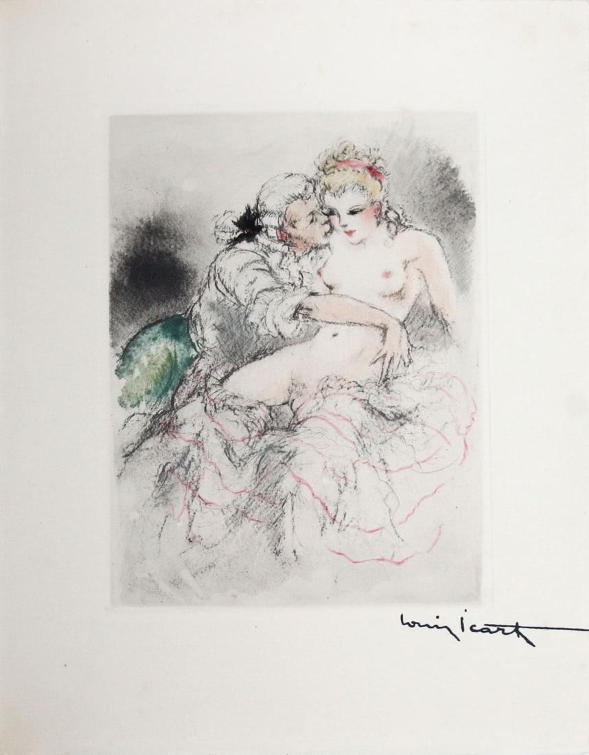 Louis Icart - Sweet Nothings: Artist: Louis IcartTitle: Sweet NothingsYear: 1947Dimensions: 11in. by 8.5in.Edition: From the rare limited edition of 500Publisher: Georges Guillot Editeur: ParisSuite: Felecia ou Mes
