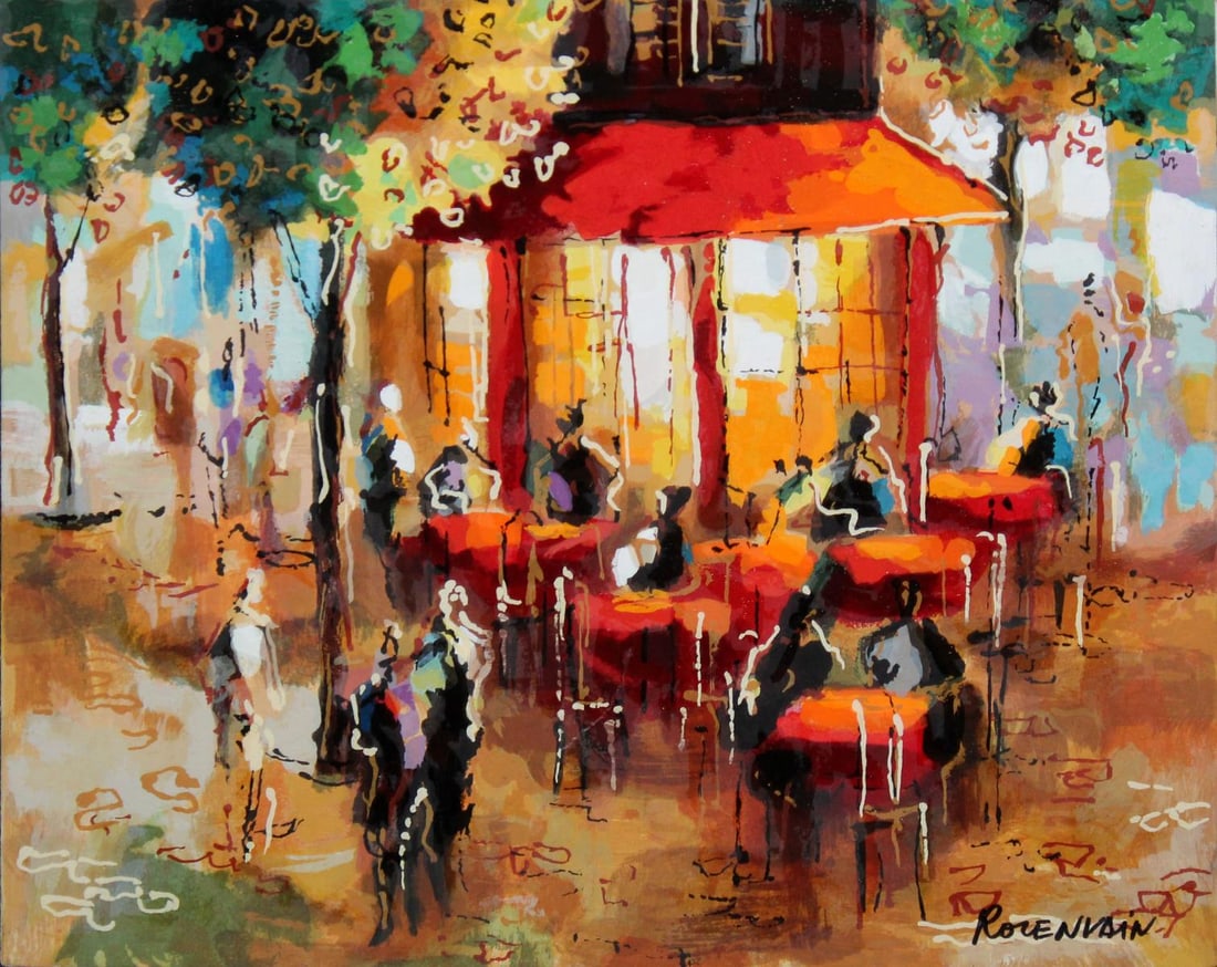 Michael Rozenvain - Coffee in Paris: Artist: Michael RozenvainTitle: Coffee in ParisDimensions: 12 1/2in. by 14 1/2in.Edition: From the rare limited edition Medium: Original serigraph and acrylic on boardCondition: ExcellentSignature