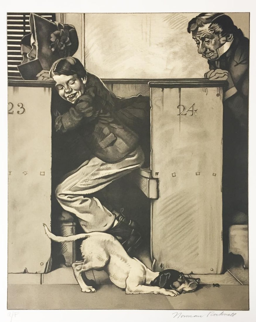 Norman Rockwell - He Spied the Beetle: Artist: Norman RockwellTitle: He Spied the BeetleYear: 1970Dimensions: 25.5in. by 20in.Edition: From the rare limited artist proof editionPublisher: Mourlot ParisSuite: Tom SawyerMedium: Original