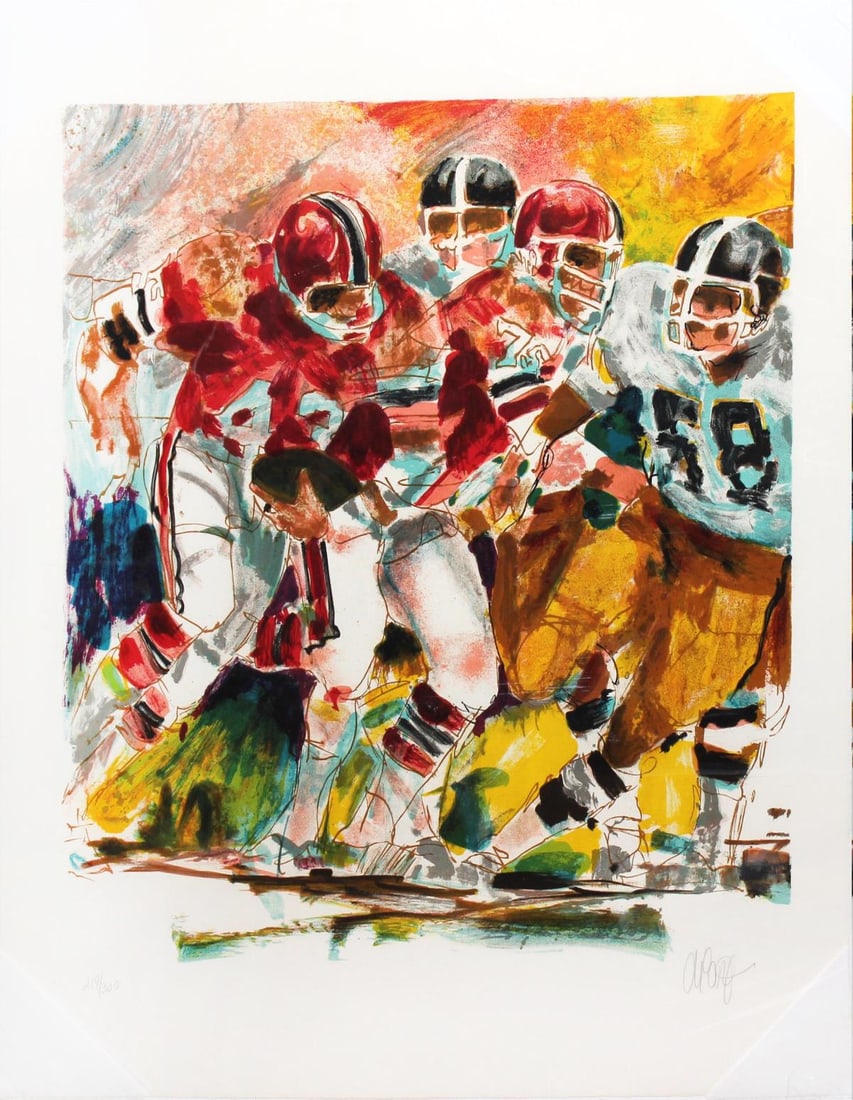 Wayland Moore - Football: Artist: Wayland Moore Title: Football Dimensions: 21in. by 25in. Edition: From the limited edition of 300 Medium: Original color lithograph on paper Condition: Excellent</