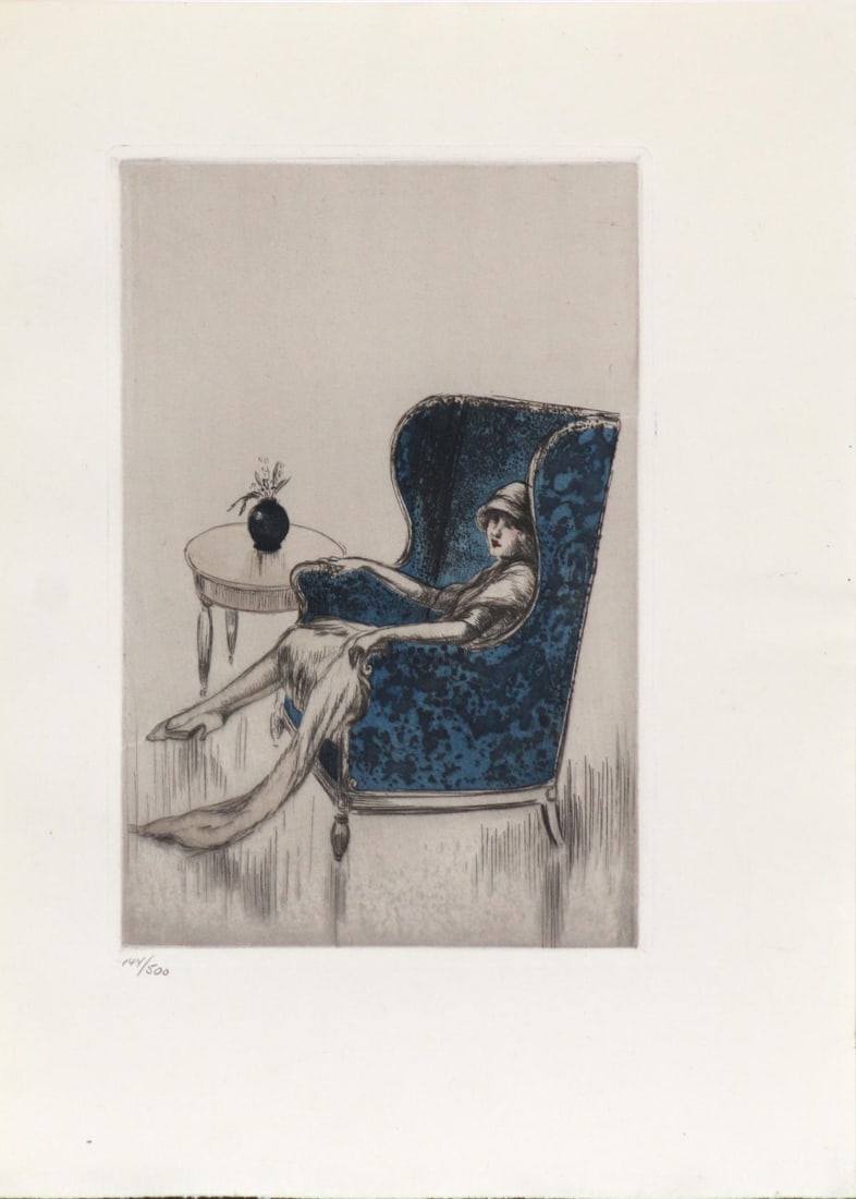 Louis Icart - The Blue Chair from "L'ingenue Libertine": Artist: Louis IcartTitle: The Blue Chair from "L'ingenue Libertine"Year: 1926Dimensions: 9.75in. by 12.75in.Edition: From the rare limited edition of 500Suite: L'ingenue LibertineMedium: Original