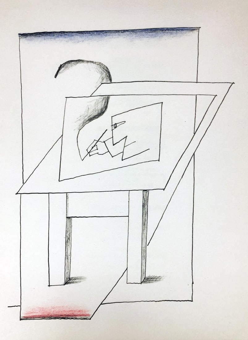 Saul Steinberg - A Man Drafting: Artist: Sal SteinbergTitle: A Man DraftingYear: 1966Dimensions: 10in. by 7 1/2in.Edition: From the rare limited edition of 1500Publisher: Maeght Paris and Redfern Gallery LondonMedium: Original