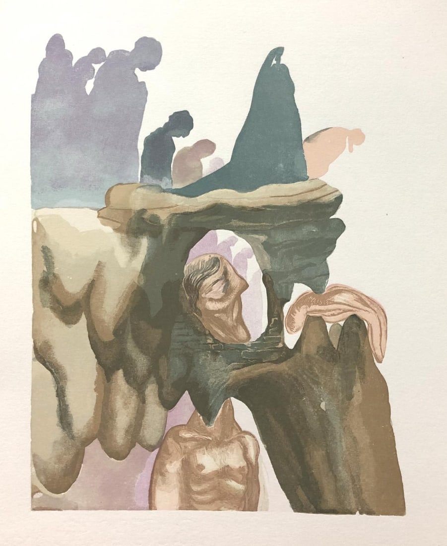 Salvador Dali - The Corrupt: Artist: Salvador DaliTitle: The CorruptYear: 1964Dimensions: 13in. by 10in.Edition: Rare one-of-a-kind work of artPublisher: Les Heures Claires ParisSuite: The Divine ComedyMedium: Original color