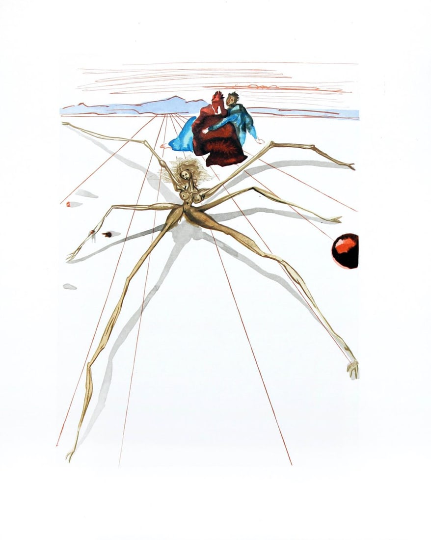 Salvador Dali - Arachne: Artist: Salvador DaliTitle: ArachneYear: 1964Dimensions: 13in. by 10in.Edition: From the rare limited editionPublisher: Les Heures Claires ParisSuite: The Divine ComedyMedium: Original color