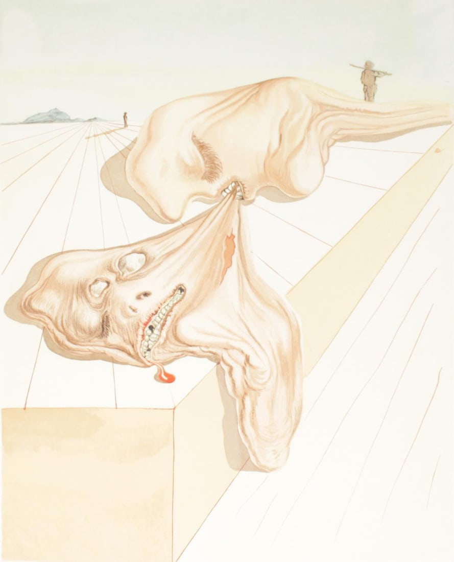 Salvador Dali - Gianni Schicchi's Bite: Artist: Salvador DaliTitle: Gianni Schicchi's BiteYear: 1964Dimensions: 10.25in. by 13in.Edition: Rare one-of-a-kind work of artPublisher: Les Heures Claires FranceSuite: The Divine ComedyMedium:
