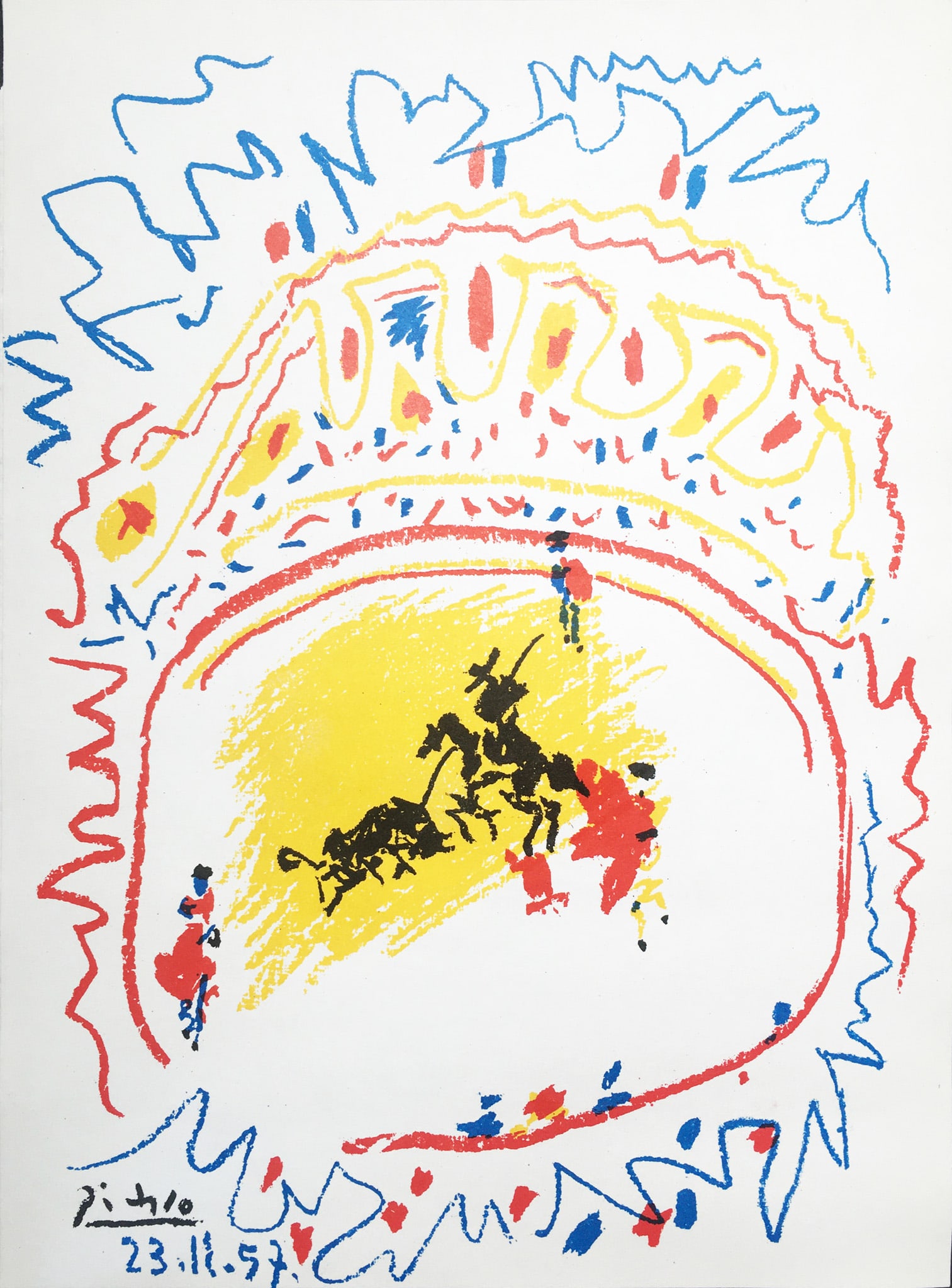 Pablo Picasso - La Petite Corrida: Artist: Pablo PicassoTitle: La Petite CorridaYear: 1958Dimensions: 12 1/2 x 9 1/2 in.Edition: From the Rare Limited EditionPublisher: Revue XXeme SieceleSuite: XXe SiecleMedium: Lithograph in Colors