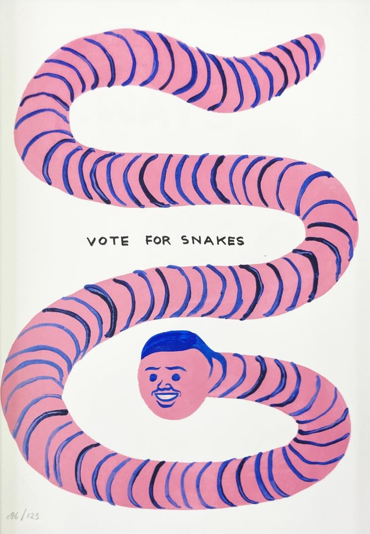 David Shrigley and Joan Cornella - Vote for Snakes: Artist: David Shrigley and Joan Cornella Title: Vote for Snakes Year: 2022 Dimensions: 12 4/5in. by 17in. Edition: From the Rare Limited Edition of 125 Suite: V