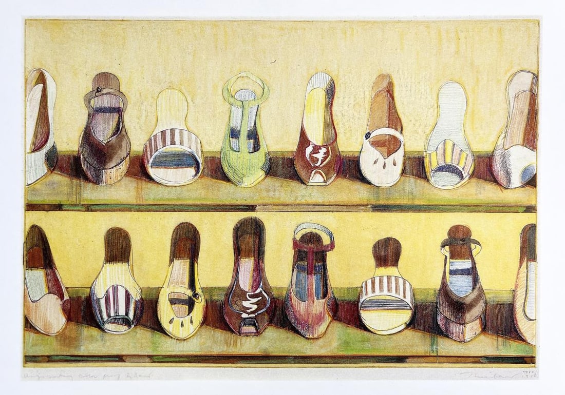 Wayne Thiebaud - Shoe row: Artist: Wayne ThiebaudTitle: Shoe rowYear: 1991Dimensions: 9in. by 10.5in.Edition: Numbered from the limited edition of 100Publisher: ChronicleSuite: Vision and RevisionMedium: Offset Lithograph on