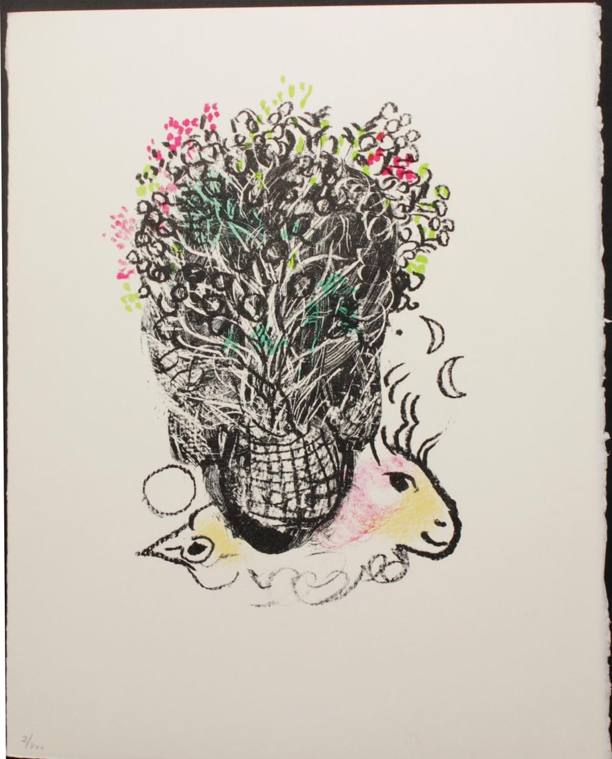 Marc Chagall - Bouquet for Fernand: Artist: Marc ChagallTitle: Bouquet for FernandYear: 1972Dimensions: 10in. by 13in.Edition: From the rare limited edition of 800Publisher: MourloutSuite: Souvenirs de Portraits d'ArtistesMedium: