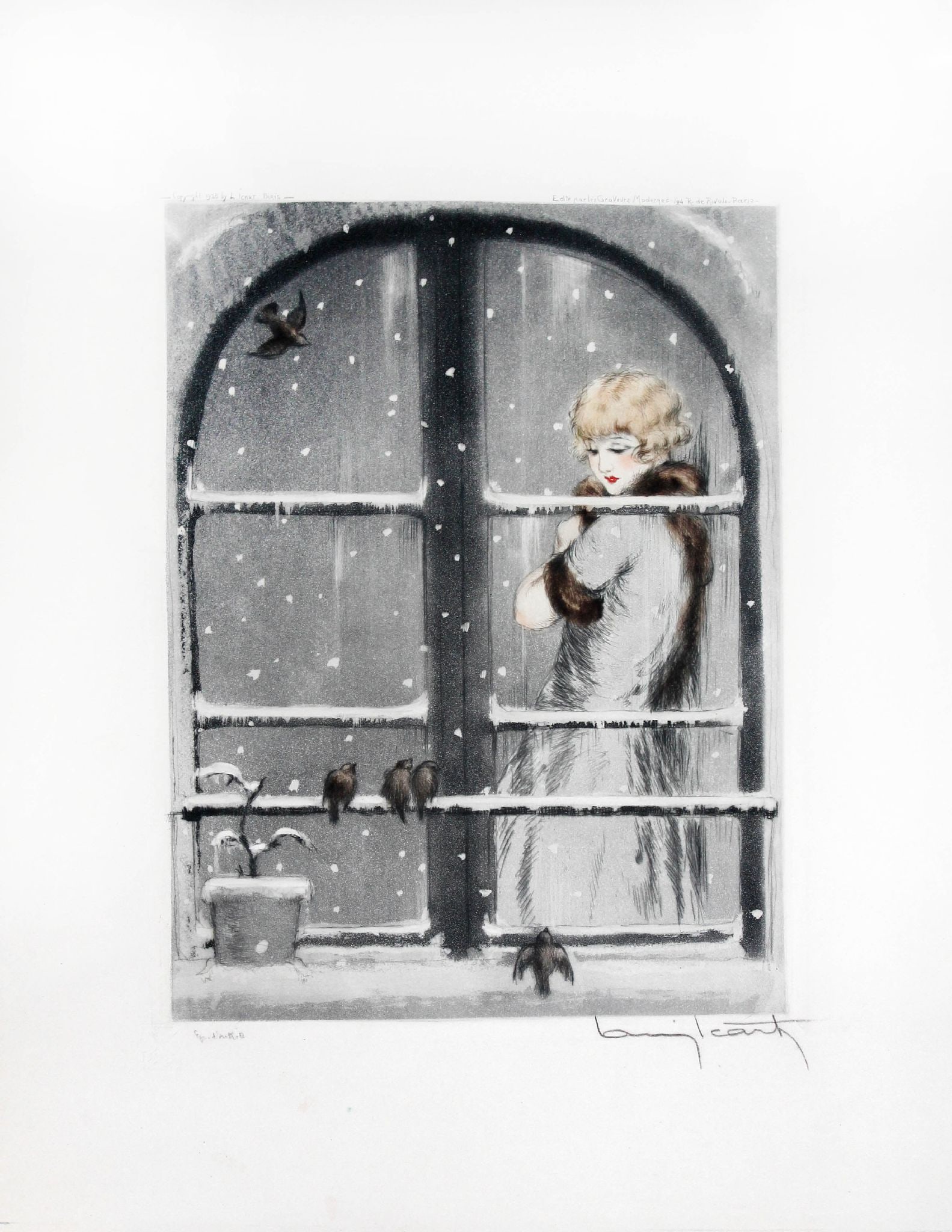 Louis Icart - Winter: Artist: Louis IcartTitle: WinterYear: 1928Dimensions: 9 x 6 3/4 in.Edition: from the limited editionMedium: Etching, Drypoint and Aquatint with hand-coloring on paperCondition: ExcellentSigned in