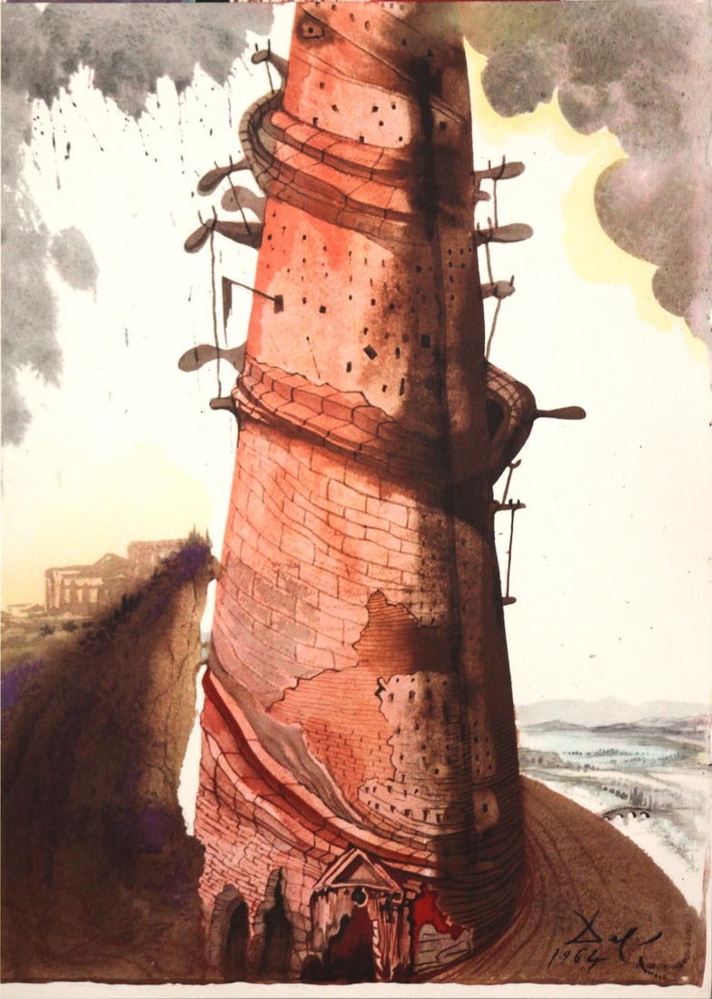 Salvador Dali - The Tower of Babel: Artist: Salvador DaliTitle: The Tower of BabelYear: 1967Dimensions: 19in. by 13.75in.Edition: 64 from the rare limited edition 1499Publisher: Rizzoli Editions MilanSuite: Biblia SacraMedium: Original