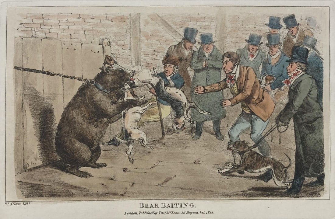 Henry Alken - Bear Baiting: Artist: Henry AlkenTitle: Bear BaitingYear: 1825Dimensions: 10in. by 14.Edition: From the Rare Limited EditionPublisher: Howlett and BrimmerSuite: The National Sports of Great BritainMedium: Original