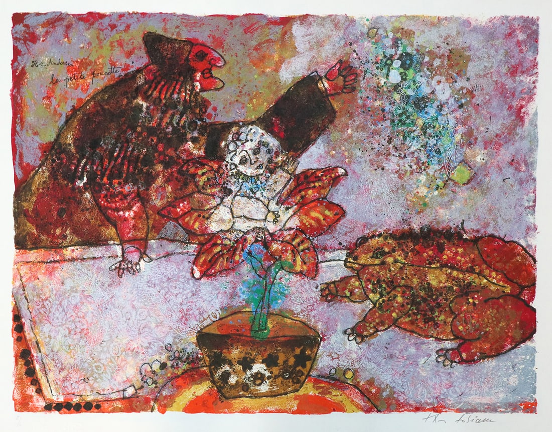 Theo Tobiasse - La Petite Poucette: Artist: Theo TobiasseTitle: La Petite PoucetteYear: 1978Dimensions: 22in. by 30in.Edition: From the rare limited edition of 50Suite: Un Hommage a H.C. AndersenMedium: Color lithograpoh on Japon