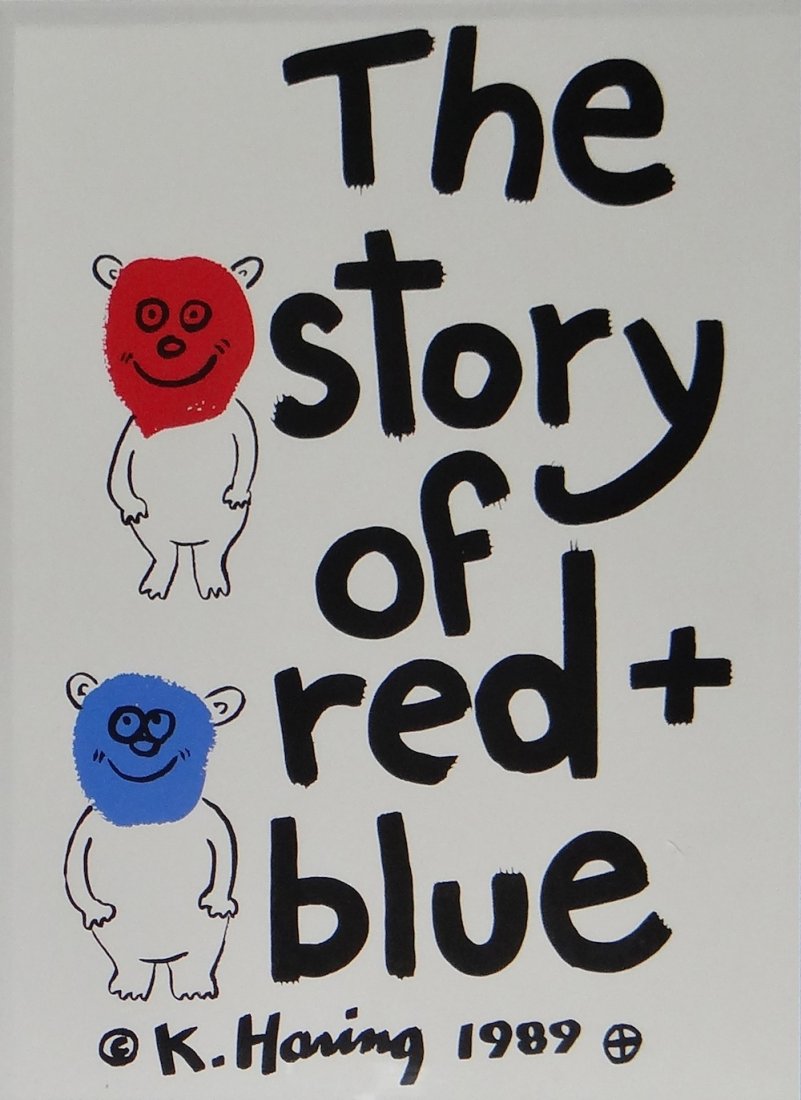Keith Haring "The Story of Red + Blue": Artist: Keith Haring Title: Frontispiece Suite: The Story of Red + Blue Medium: Original lithograph in colors Year: 1989 Size: 22" x 16 1/2" Edition: Lim