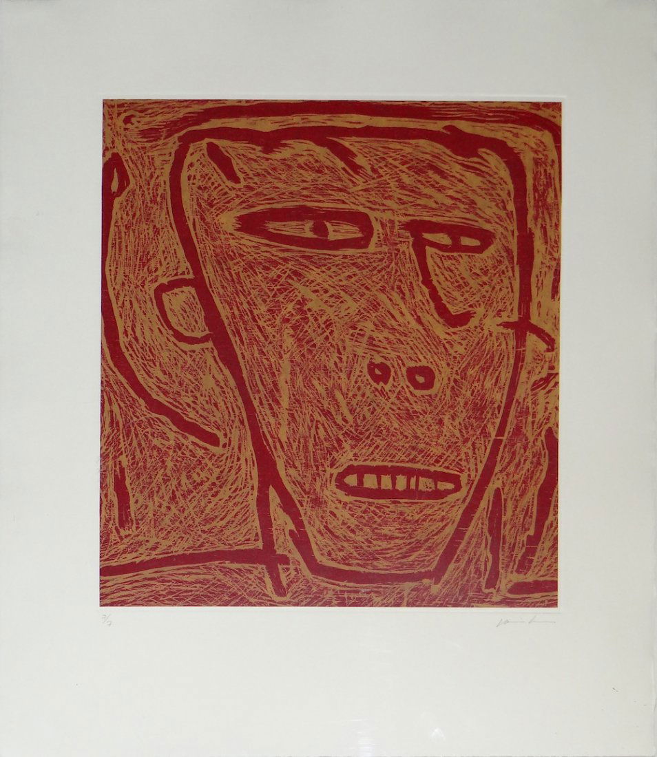 James Brown "Face" woodcut: Artist: James Brown Title: Untitled (Face) Medium: Original woodcut in colors Size: 26 1/2" x 22 1/4" Edition: 7 from the limited edition of 7 Signature: Hand signed in pen