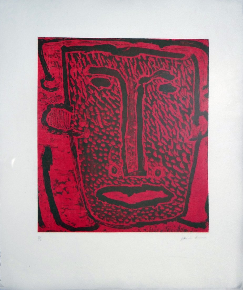 James Brown "Face" woodcut: Artist: James Brown Title: Untitled (Face) Medium: Original woodcut in colors Size: 26 1/2" x 22 1/4" Edition: 7 from the limited edition of 7 Signature: Hand signed in pen