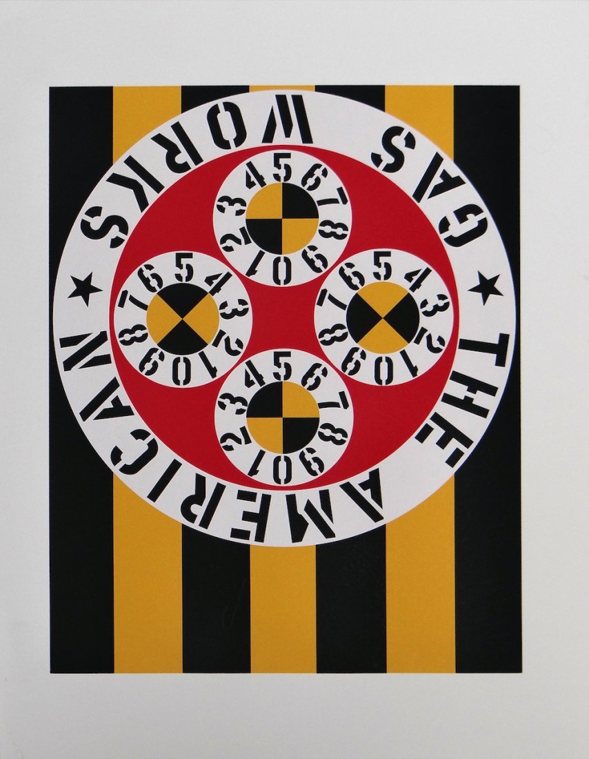Robert Indiana "The American Gas Works": Artist: Robert Indiana Title: The American Gas Works Medium: Original serigraph in colors on Coventry 300g acid free paper Size: 22" x 17" Edition: From the limited edition. </