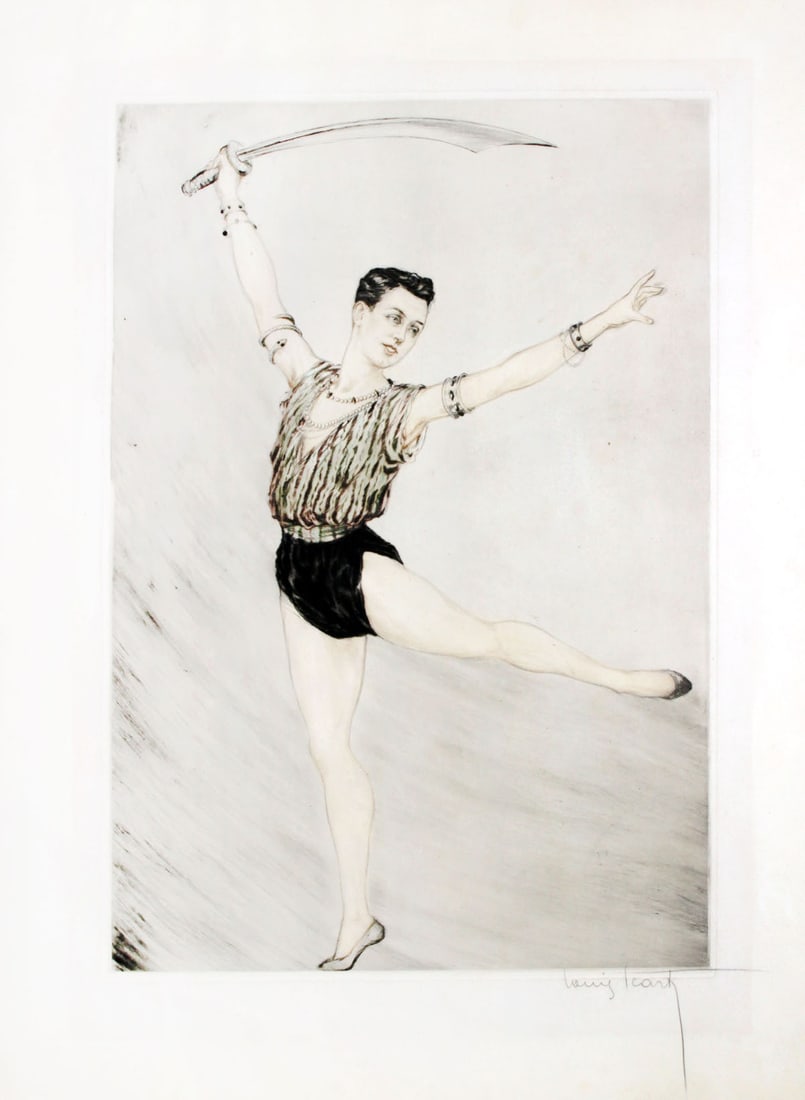 Louis Icart - Nijinsky (Russian Ballet Dancer): Artist: Louis IcartTitle: Nijinsky Russian Ballet DancerYear: c. 1913Dimensions: in. by in.Edition: From the rare limited editionMedium: Original drypoint etching with hand coloring on paperSignature