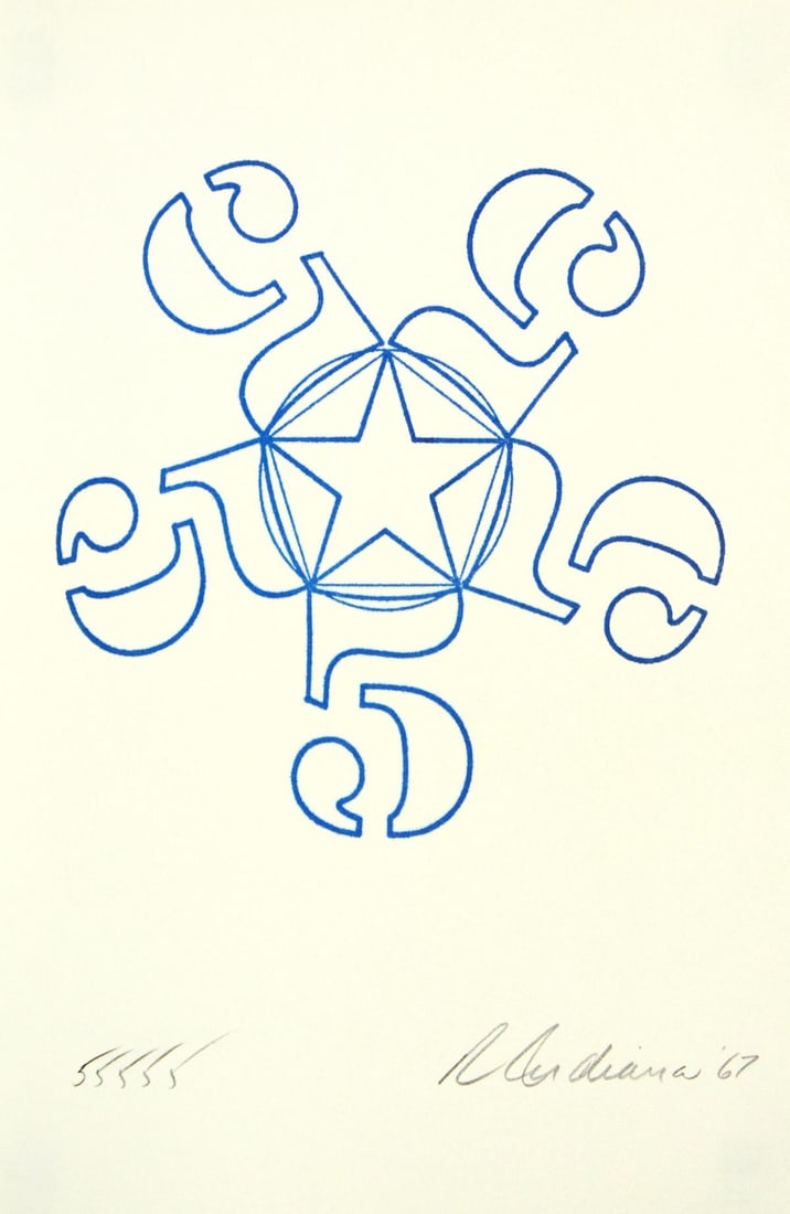 Robert Indiana - 55555: Artist: Robert IndianaTitle: 55555Year: 1967Dimensions: 11.4in. by 9in.Edition: 60 from the limited edition of 225Publisher: Indianakatz New YorkSuite: Stamped IndeliblyMedium: Original rubberstamp