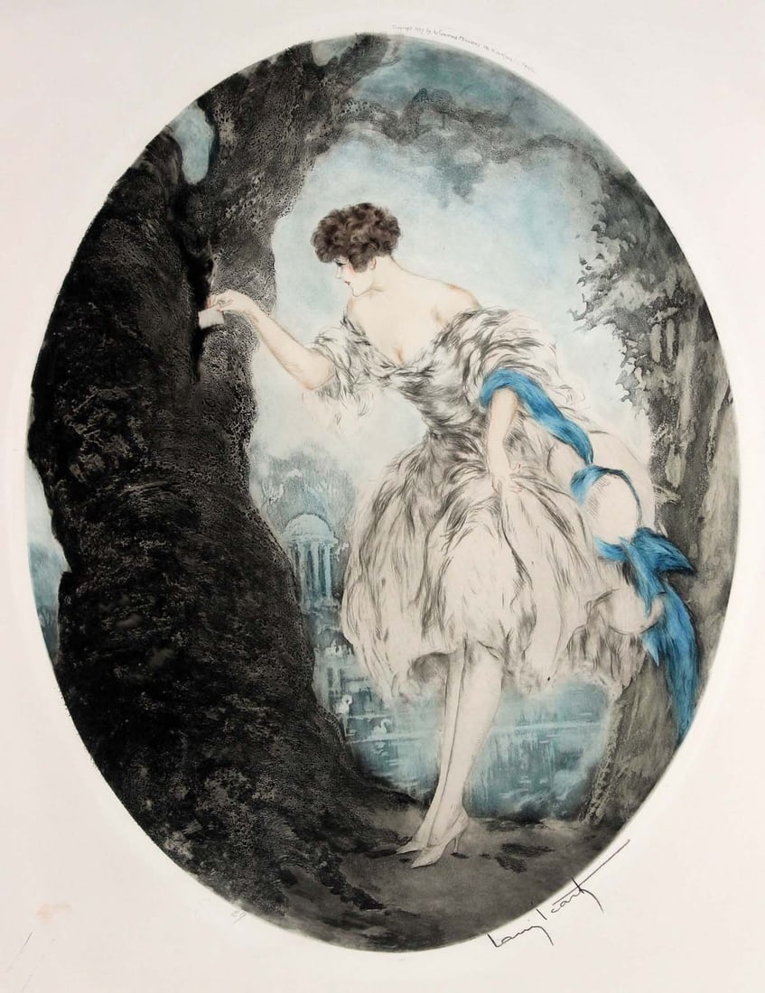 Louis Icart, "Hiding Place": Artist: Louis Icart Title: Hiding Place Year: 1927 Dimensions: 18.5in. by 14.5in. Edition: Form the rare limited edition Medium: Original drypoint etching with hand colorin