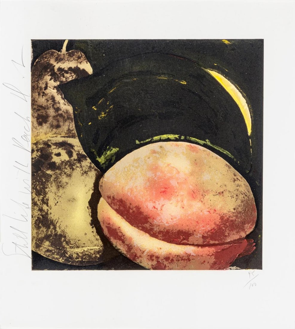 Donald Sultan - Still Life with Peach: Artist: Donald SultanTitle: Still Life with PeachYear: 1987Dimensions: 12in. by 12in.Edition: From the rare limited edition of 100Medium: Original serigraph on paperCondition: ExcellentSignature