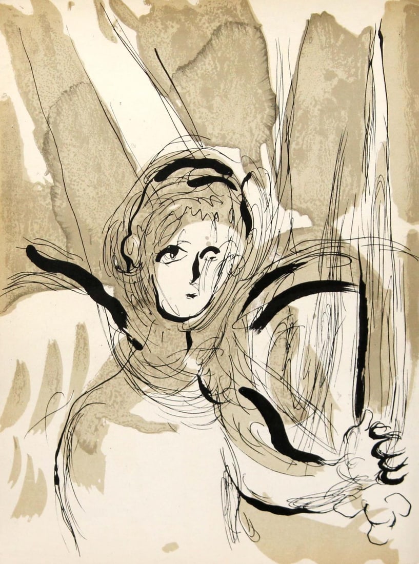 Marc Chagall - Angel with a Sword: Artist: Marc ChagallTitle: Angel with a SwordYear: 1956Dimensions: 14in. by 10.5in.Edition: From the rare limited editionPublisher: Editions de la Revue VERVE ParisSuite: The BibleMedium: Original