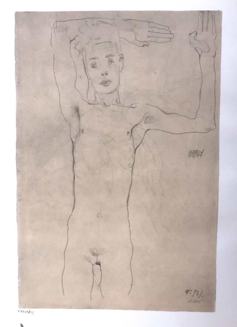 Egon Schiele (After) - Autoritratto: Artist: Egon Schiele (After)Title: Autoritratto (self-portrait with raised handsYear: 1982Dimensions: 16 1/4in. by 12in.Publisher: Mazzotta 1982Suite: Disegni Erotici Medium: Offset