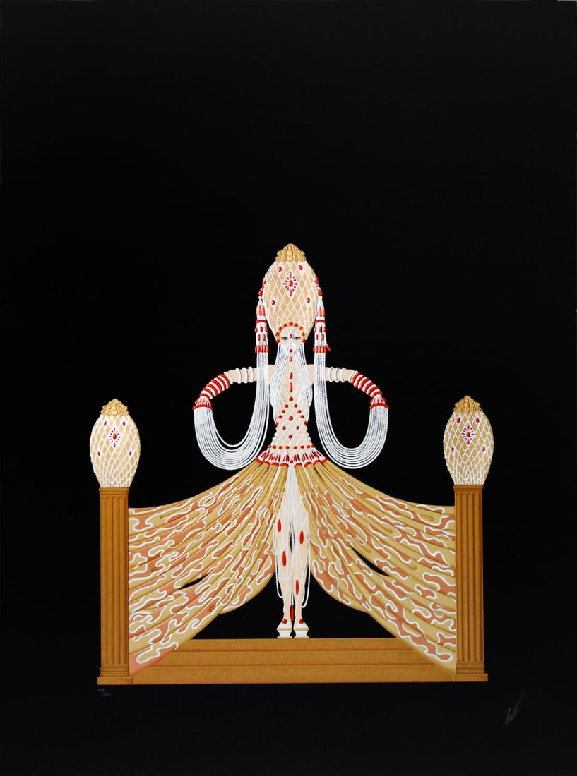 Erte - Enchantress: Artist: ErteTitle: EnchantressYear: 1986Dimensions: 36in. by 26in.Edition: From the rare limited edition of 300Medium: Original serigraph with metallic foil and embossing on paperCondition: