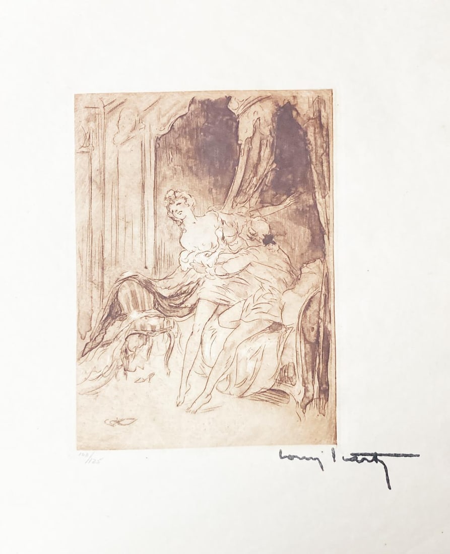 Louis Icart - Reluctant Lover: Artist: Louis IcartTitle: Reluctant LoverYear: 1946Dimensions: 11in. by 8.5in.Edition: From the rare limited edition of 125Publisher: Claude Prosper de CrebillonSuite: La Nuit et le MomentMedium: