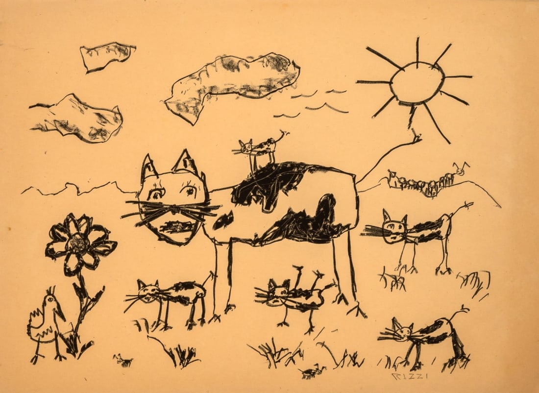 James Rizzi - The Cats Meow: Artist: James RizziTitle: The Cats MeowDimensions: 10 1/2in. by 14in.Edition: Unique One of a Kind ArtworkMedium: Crayon on Brown PaperCondition: ExcellentSignature Details: Hand Signed by RizziComes