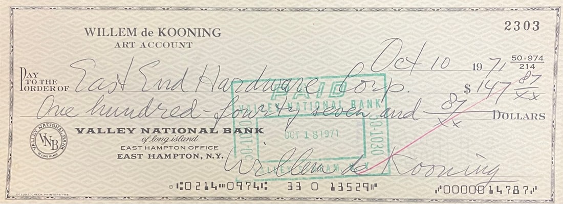 Willem De Kooning - Signed Check from Willem de Kooning 5: Artist: Willem De KooningTitle: Signed Check from Willem de Kooning 5Year: 1971Dimensions: 8in. by 2 3/4in.Medium: Paper check with artist signatureCondition: ExcellentSignature Details: Written out