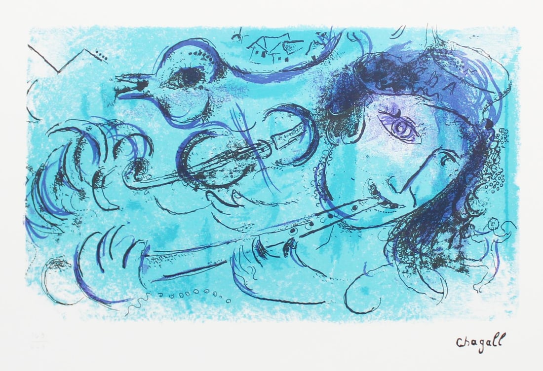 Marc Chagall - The Flute Player: Artist: Marc ChagallTitle: The Flute PlayerYear: 1957Dimensions: 17 1/4in. by 22 3/4in.Edition: From the Rare Limited Edition of 400Medium: Lithograph in ColorsCondition: ExcellentSignature Details: