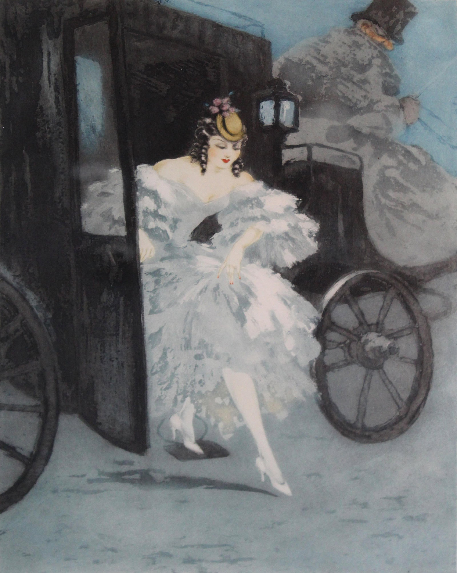 Louis Icart - Arrival: Artist: Louis Icart Title: Arrival Year: 1941 Dimensions: 13in. by 18in. Edition: From the rare limited edition Medium: Dry point etching with hand watercolorin