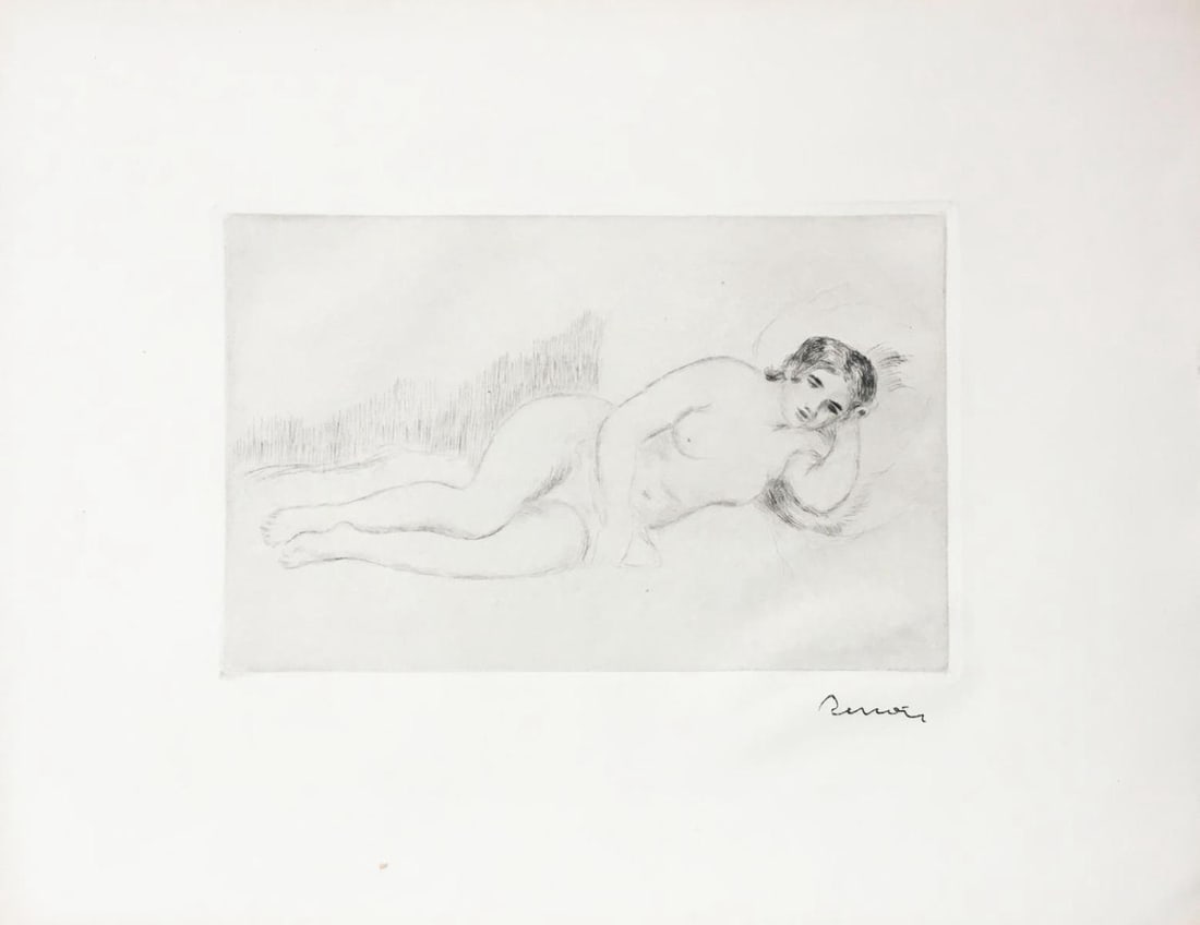 Pierre-Auguste Renoir - Femme Nue Couchee Tournee a: Artist: Pierre-Auguste RenoirTitle: Femme Nue Couchee Tournee a DroiteYear: 1906Dimensions: 23.5in. by 27.5in.Edition: From the rare limited edition of aproximately 100Medium: Original dry point