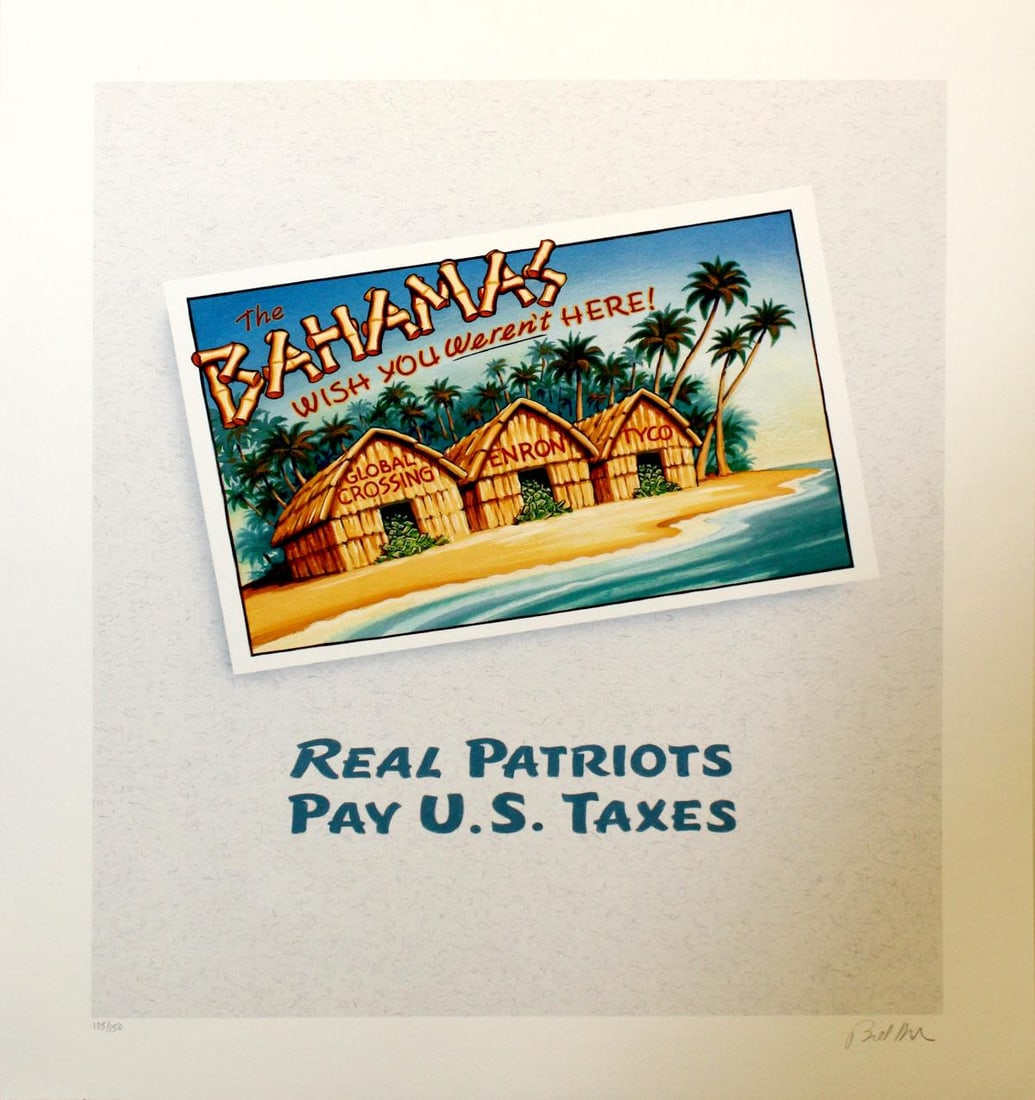 Bill Maher - Real Patriots Pay U.S. Taxes: Artist: Bill MaherTitle: Real Patriots Pay U.S. TaxesYear: 2002Dimensions: 22in. by 26in.Edition: Number 105 from the rare limited edition of 150 in pencil lower leftPublisher: Celebrity ArtMedium: