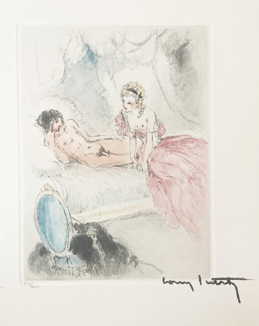 Louis Icart - Original Etching from Felicia ou Mes: Artist: Louis Icart Title: Original Etching from Felicia ou Mes Fredaines Year: 1947 Dimensions: 9in. by 11in. Edition: From the limited edition of 500 Suite: F