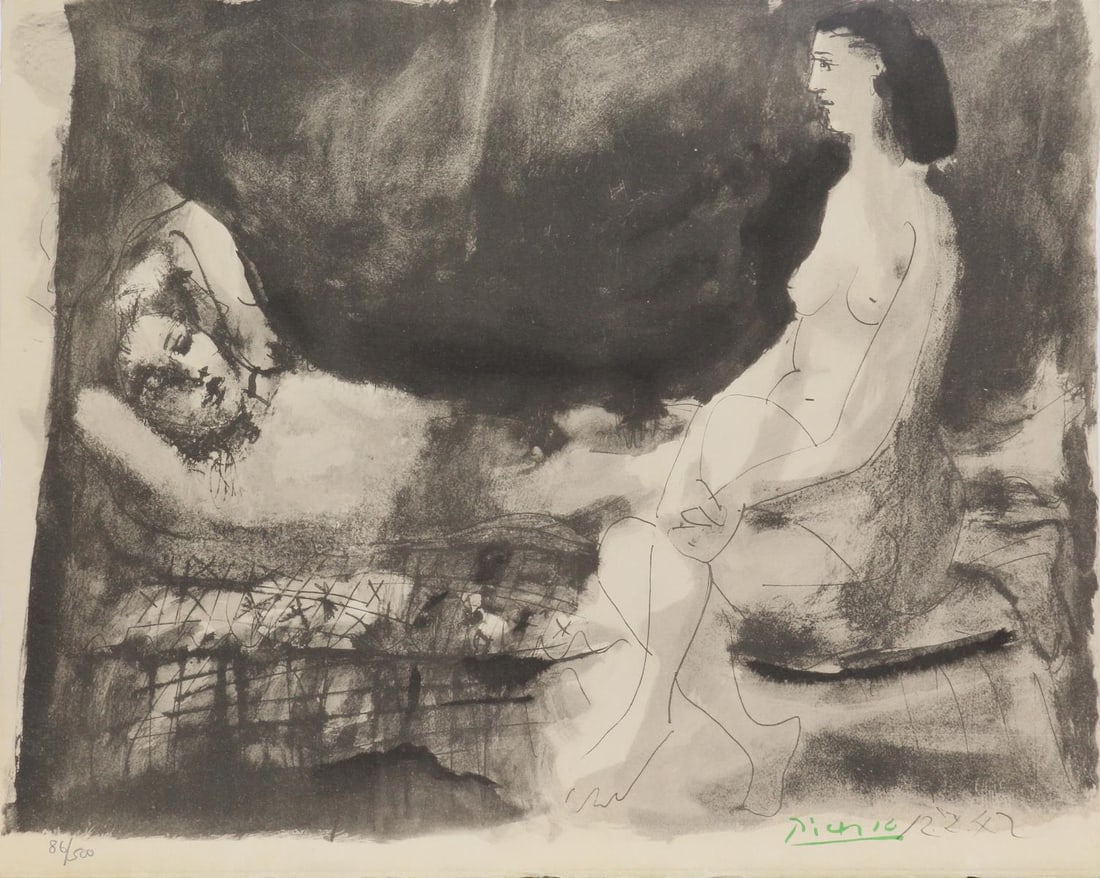 Pablo Picasso (After) - Homme Couche et Femme Assise: Artist: Pablo Picasso (After)Title: Homme Couche et Femme AssiseYear: 1967Dimensions: 20 1/2in. by 15 1/4in.Edition: From the rare limited edition of 500Suite: La Flute DoubleMedium: Original pochoir