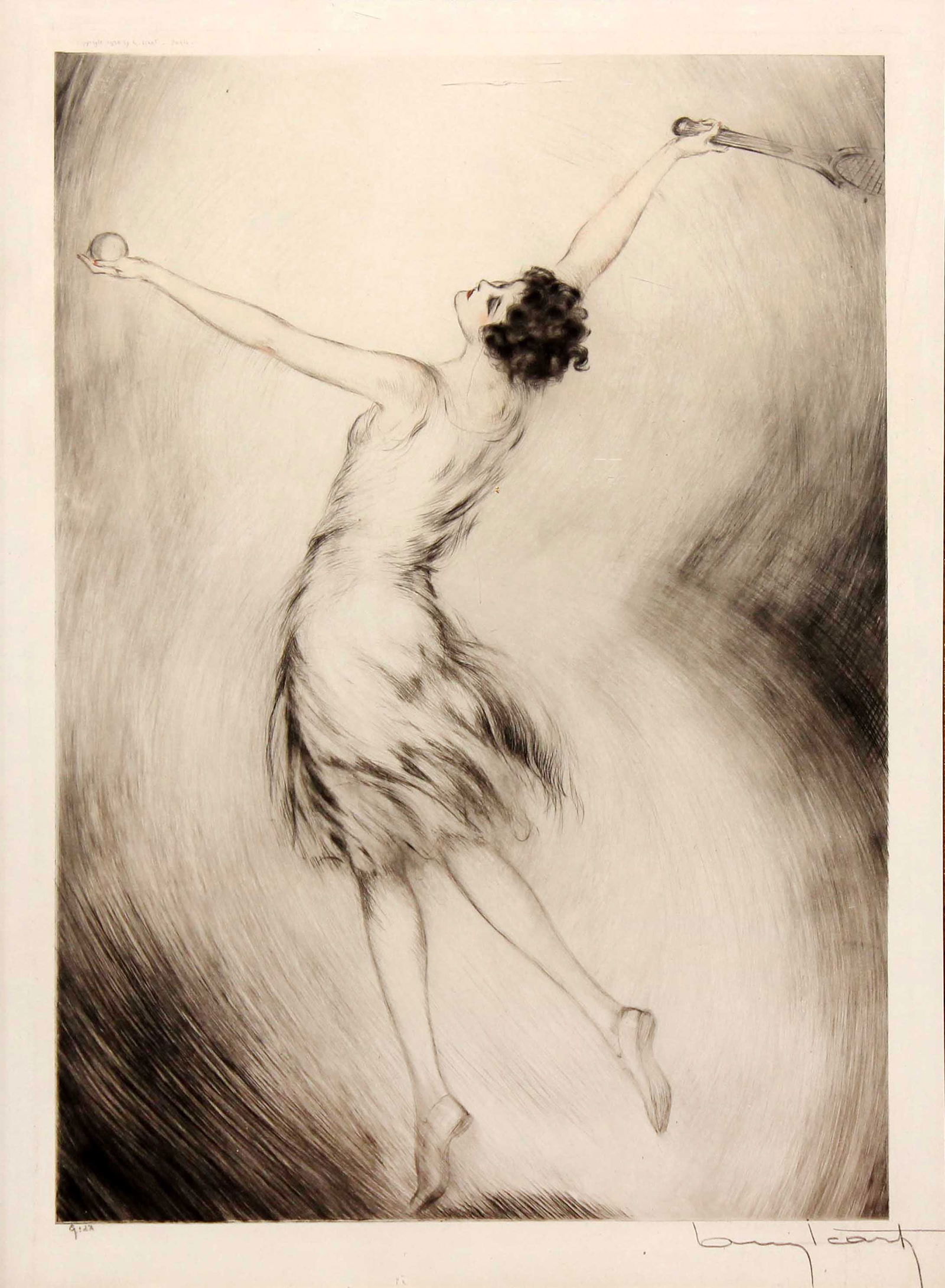 Louis Icart - Tennis: Artist: Louis Icart Title: Tennis Year: 1928 Dimensions: 18.6in. by 13.6in. Edition: From the rare limited edition Medium: Original drypoint etching with hand c