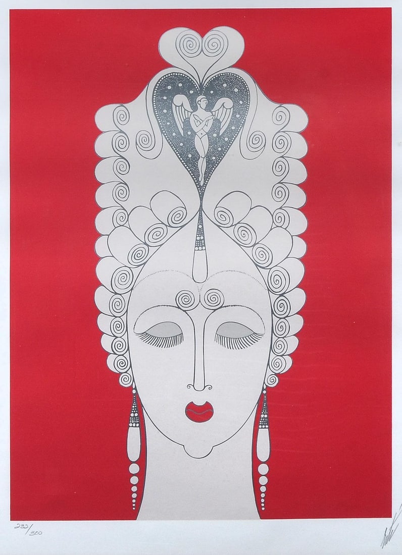 Erte - Amoureuse: Artist: Erte Title: Amoureuse Year: 1977 Dimensions: 27.25in. by 22.25in. Edition: From the rare limited edition of 300 Medium: Original serigraph on paper