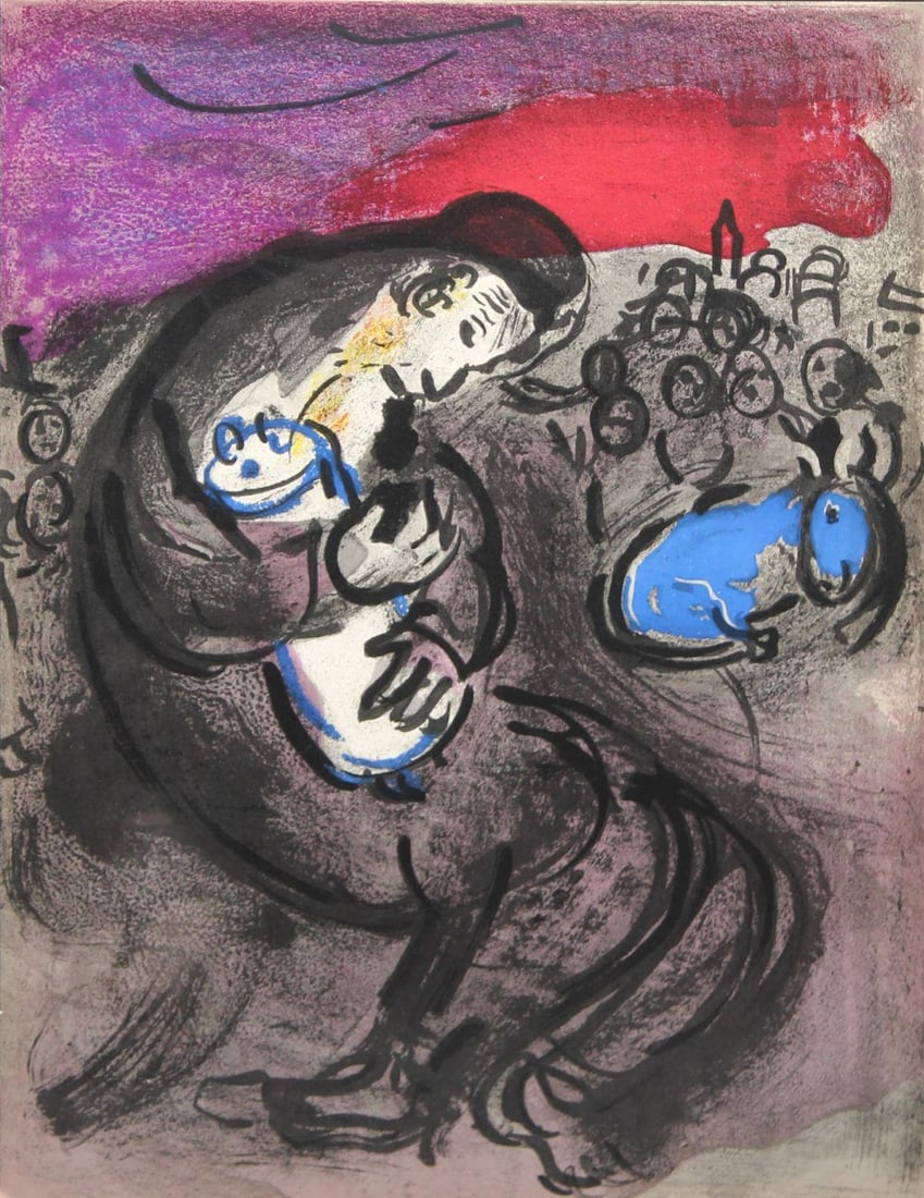Marc Chagall - Weeping of Jeremiah: Artist: Marc ChagallTitle: Weeping of JeremiahYear: 1956Dimensions: 10in. by 14in.Edition: From the rare limited editionPublisher: Editions de la Revue VERVE ParisSuite: The BibleMedium: Color
