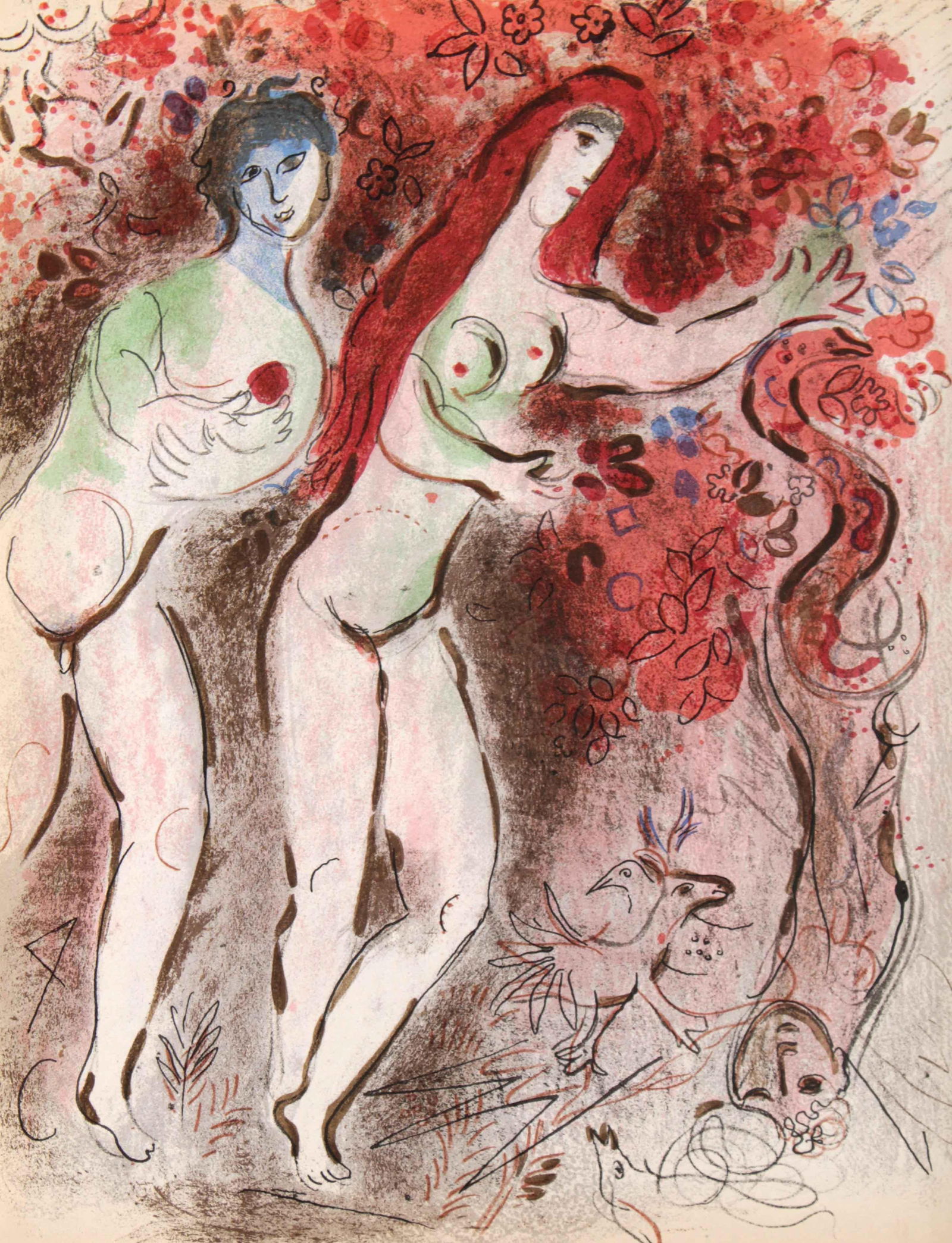 Marc Chagall - Adam and Eve and the Forbidden Fruit: Artist: Marc ChagallTitle: Adam and Eve and the Forbidden FruitYear: 1956Dimensions: 10in. by 14in.Edition: From the rare limited editionPublisher: Editions de la Revue VERVE ParisSuite: The