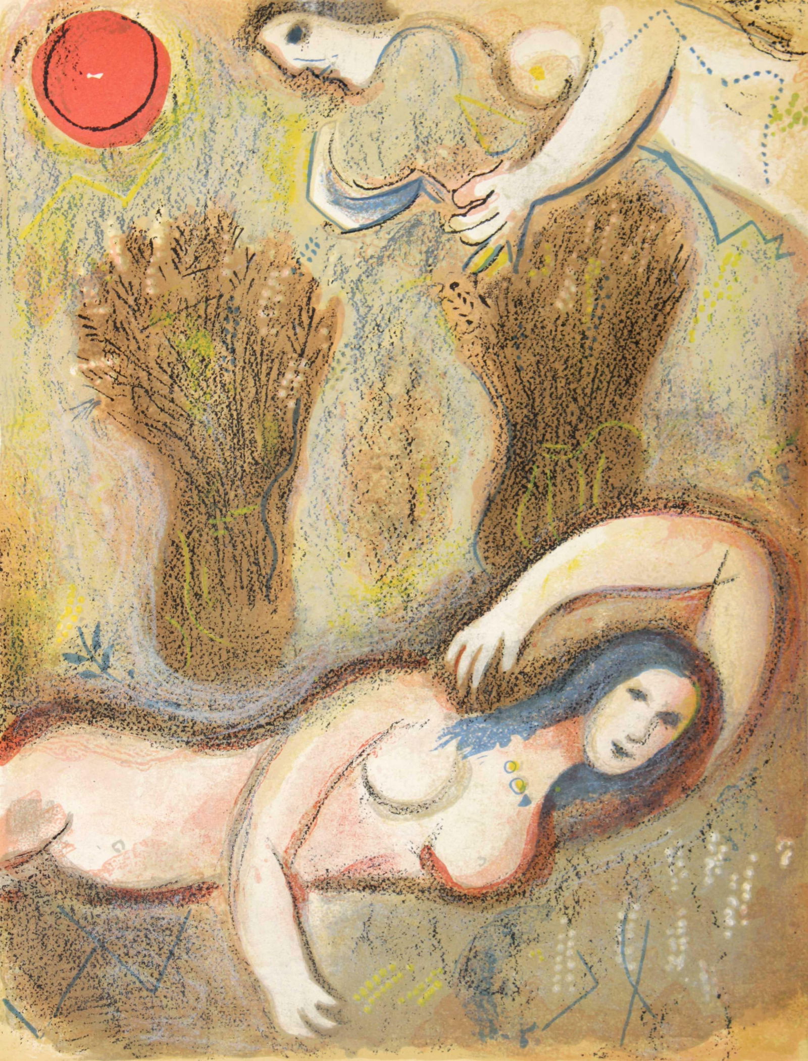 Marc Chagall - Boaz Wakes Up and Sees Ruth at his Feet: Artist: Marc Chagall Title: Boaz Wakes Up and Sees Ruth at his Feet Year: 1956 Dimensions: 10in. by 14in. Edition: From the rare limited edition Publisher: Edit