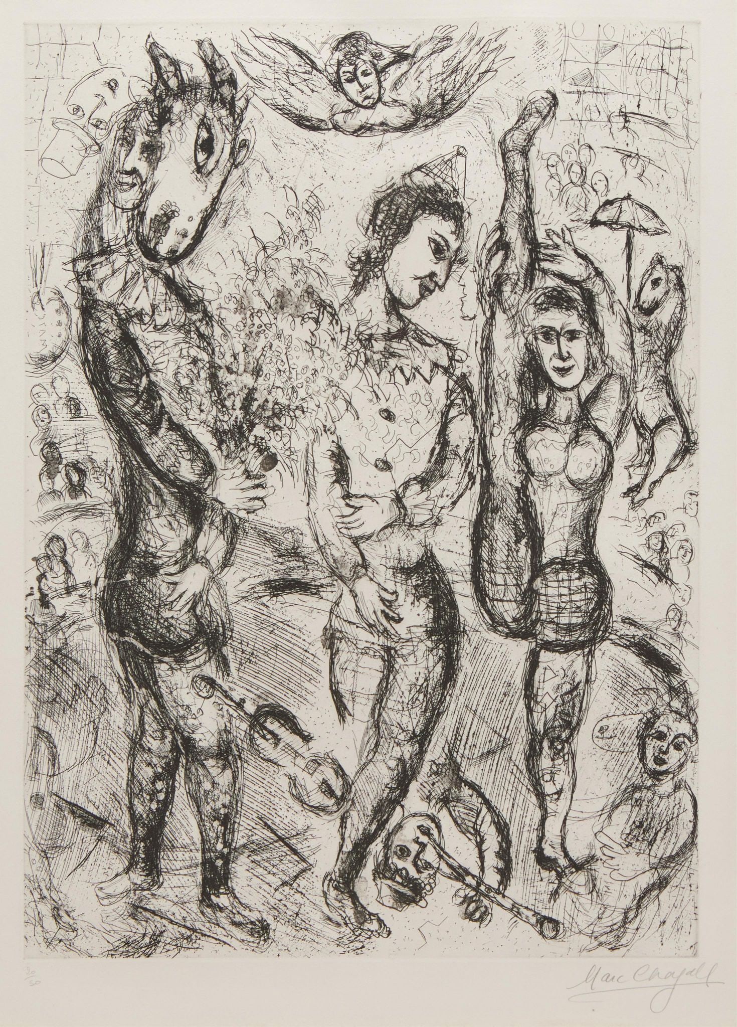 Marc Chagall - Le Pierrot: Artist: Marc ChagallTitle: Le PierrotYear: 1968Dimensions: 29 3/4 x 21 3/4 in.Edition: 20 from the limited edition of 50Medium: Etching on Japon nacre paperCondition: ExcellentSignature Details: Hand
