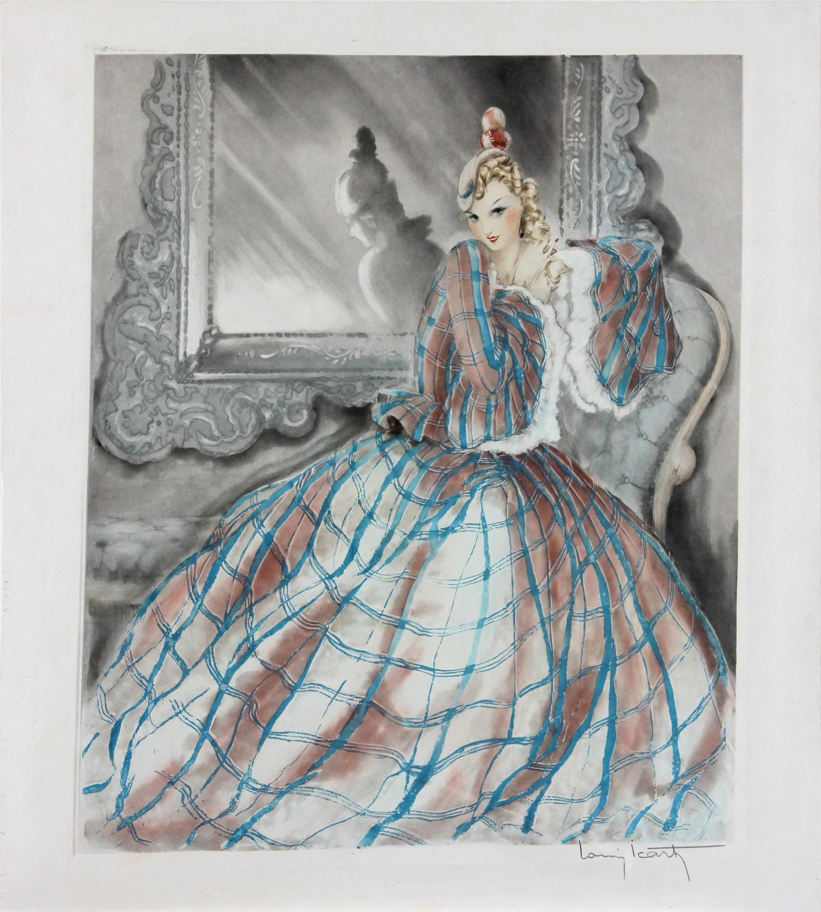 Louis Icart - Girl in Crinoline: Artist: Louis Icart Title: Girl in Crinoline Year: 1937 Dimensions: 24in. by 26.5in. Edition: Original or Unknown Medium: Etching and aquatint Condit